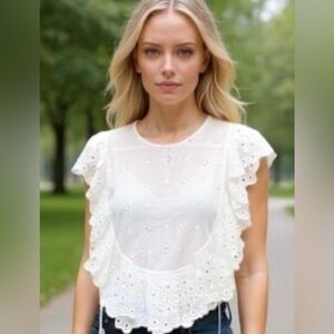 NWT Unsubscribed White Eyelet Ruffle Apron Sleeve Top